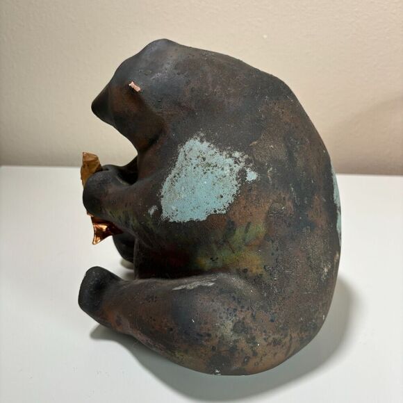 VTG Tony Evans Raku Pottery Sculpture Bear with Copper Fish Metal w Patina Vibe - Picture 4 of 9